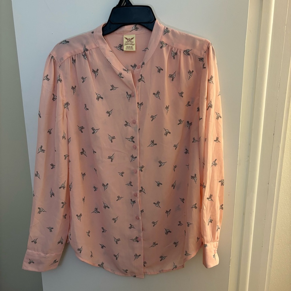 Faded Glory women's Sz M pink hummingbird pattern chiffon long sleeve blouse